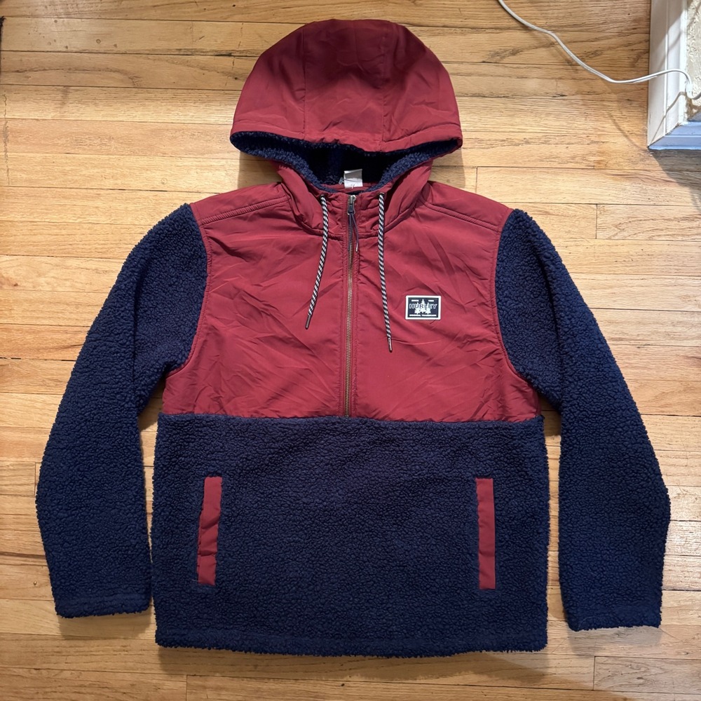 Hurley Men's Colorblock Sherpa Lined Hooded Pullover Jacket Burgundy Navy Size M